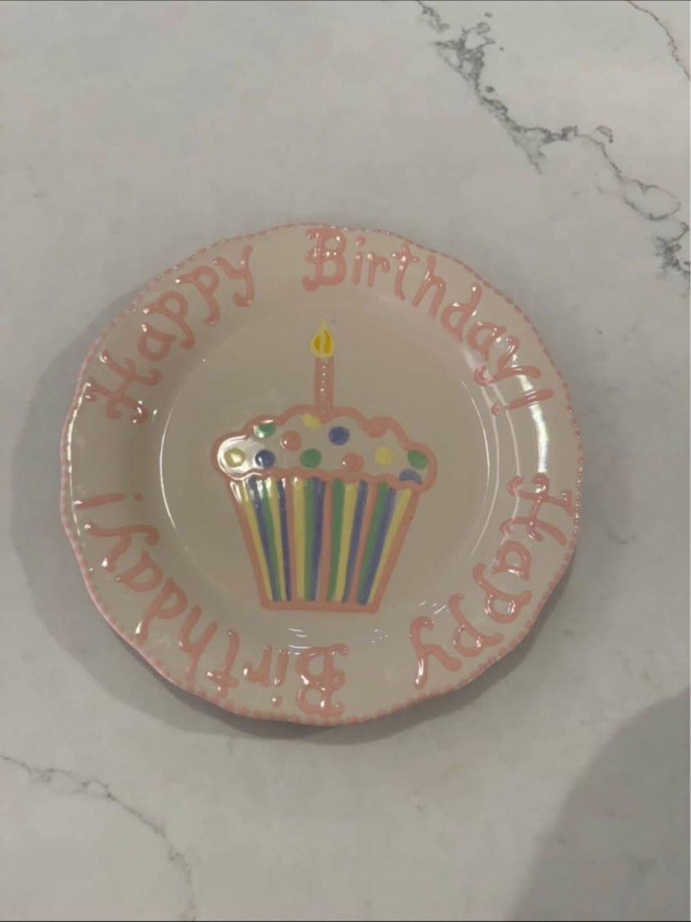 M. Bagwell Ceramic Happy Birthday Plate, Pink/White